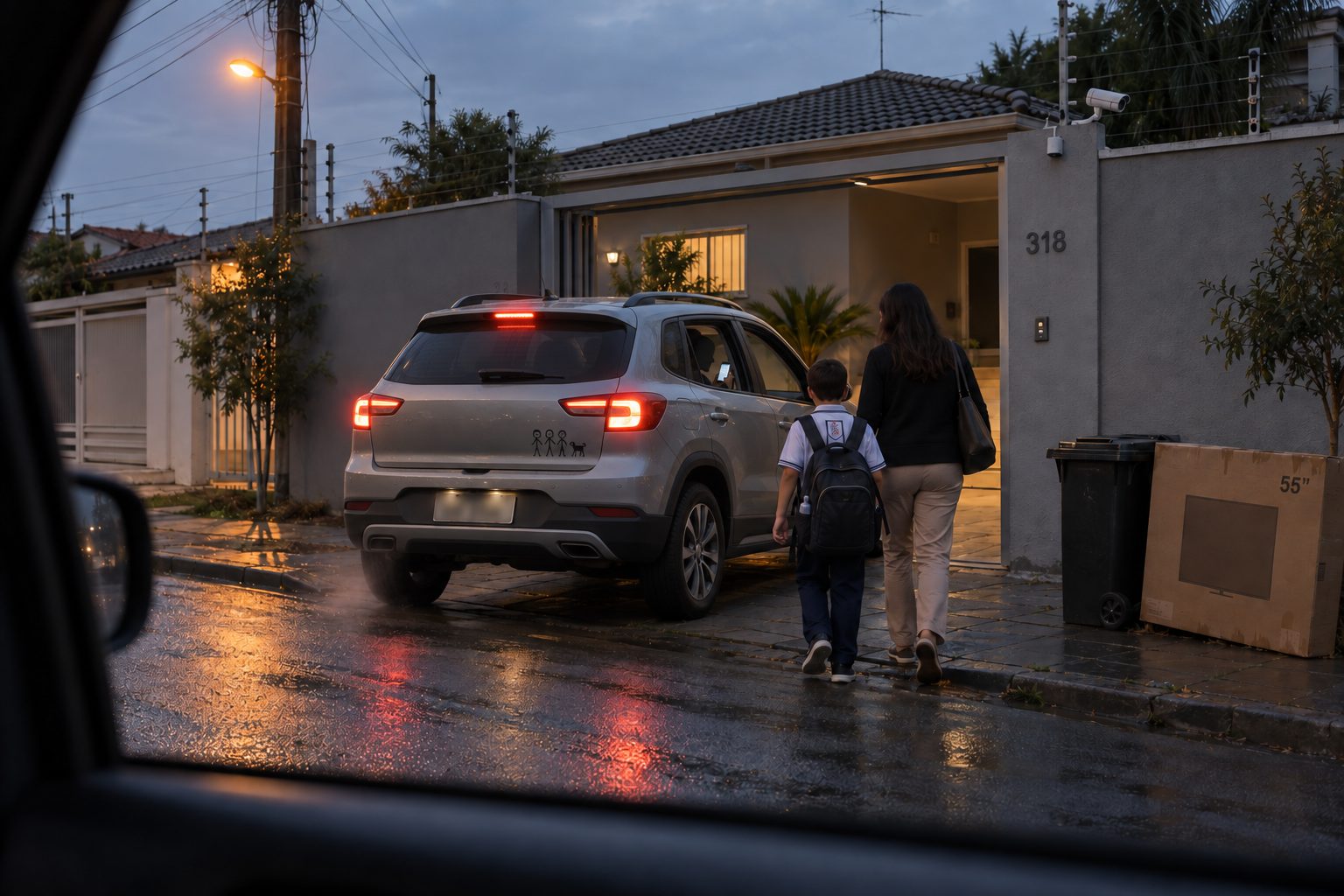 Casa observada de dentro de um carro do outro lado da rua às 7h da manhã: portão aberto, motorista no celular, mãe e filho de costas pra rua, caixa de TV nova na calçada