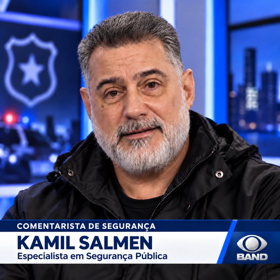 Kamil Salmen em estúdio de televisão, identificado como comentarista de segurança